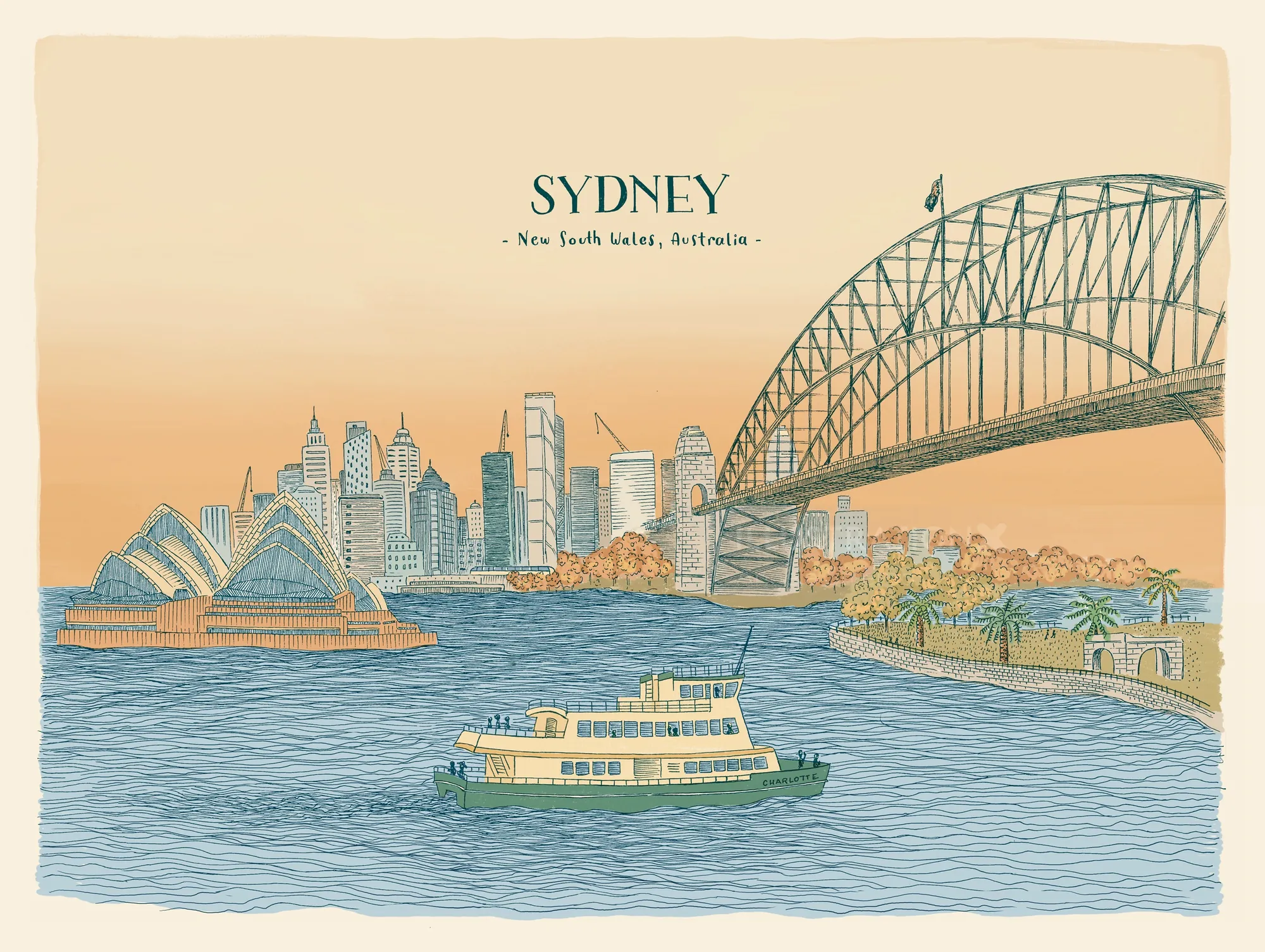 Ilustração de Angela Salerno mostrando o Porto de Sydney com sua ponte, a Ópera de Sydney e a balsa.