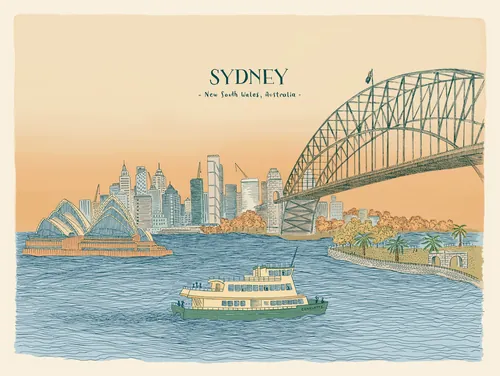 Illustration by Angela Salerno showing Sydney Harbour with its bridge, Opera House, and ferry