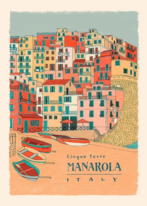 Illustration of Manarola by Angela Salerno with colorful buildings and boats