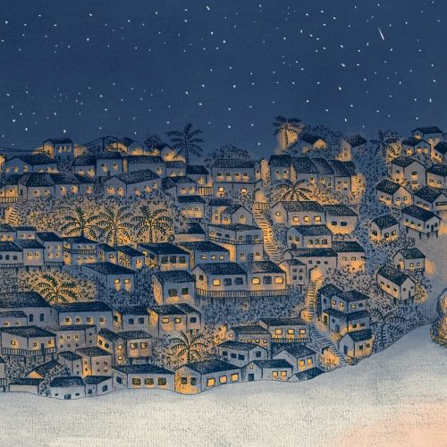 Angela Salerno illustration of a moonlit village and seated figures