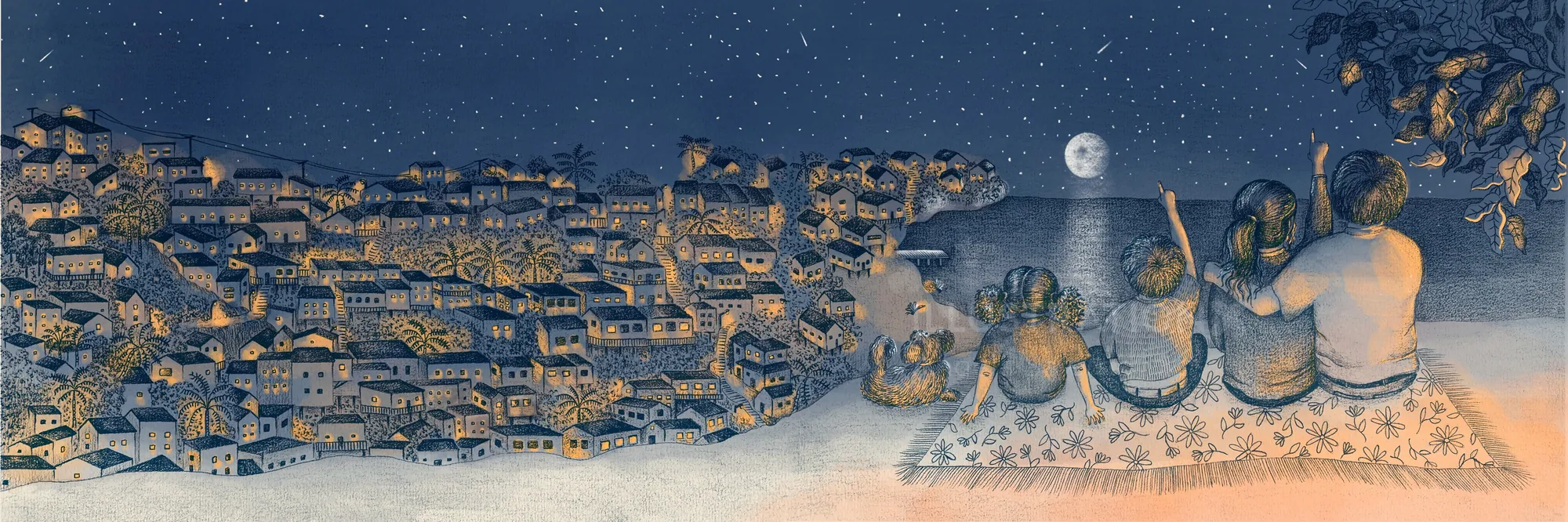 Angela Salerno illustration of a moonlit village and seated figures