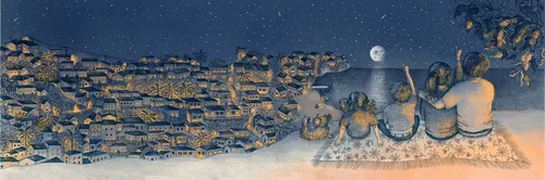 Illustration d'Angela Salerno représentant un village au clair de lune et des personnages assis