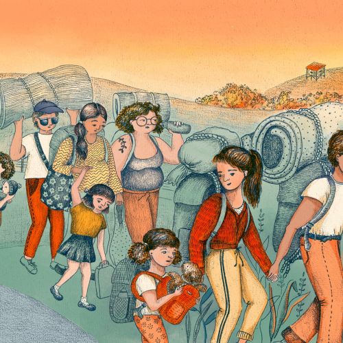 Angela Salerno illustration of people walking through a colorful village landscape