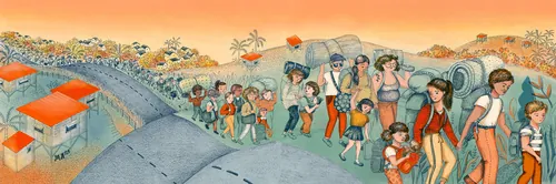 Illustration d'Angela Salerno représentant des personnes traversant un paysage de village coloré