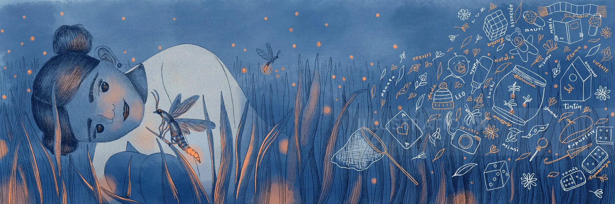 Ilustración de Angela Salerno de un niño y una criatura parecida a una ballena en una escena de bosque azul.