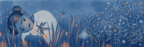 Illustration d'Angela Salerno représentant un enfant et une créature ressemblant à une baleine dans un décor forestier bleu.