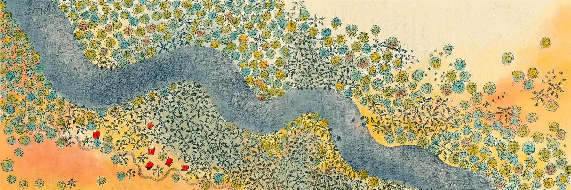 Illustration von Angela Salerno: Ein gewundener Fluss inmitten bunter Blumen