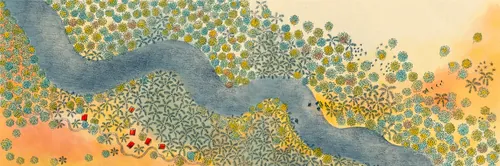 Illustration d'Angela Salerno représentant une rivière sinueuse parmi des fleurs colorées