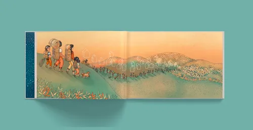 Illustration d'Angela Salerno représentant des enfants marchant dans un paysage de montagne chaleureux