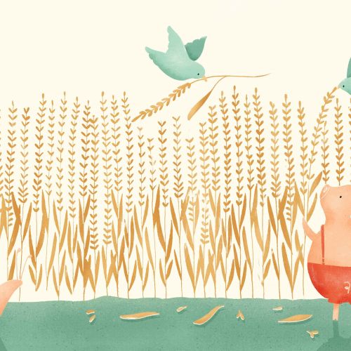 Ilustración de Angela Salerno de un cerdito entre trigo y aves