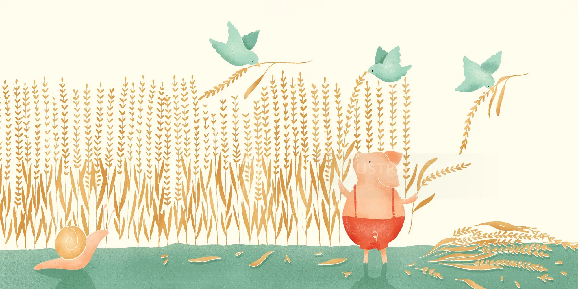 Ilustración de Angela Salerno de un cerdito entre trigo y aves