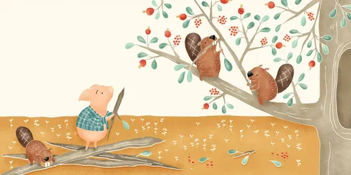 Illustration d'Angela Salerno représentant un cochon et des écureuils dans une scène forestière