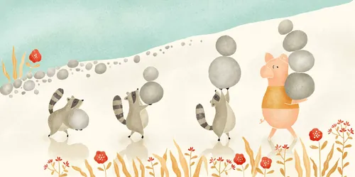 Illustration d'Angela Salerno représentant trois petits cochons traversant un pré