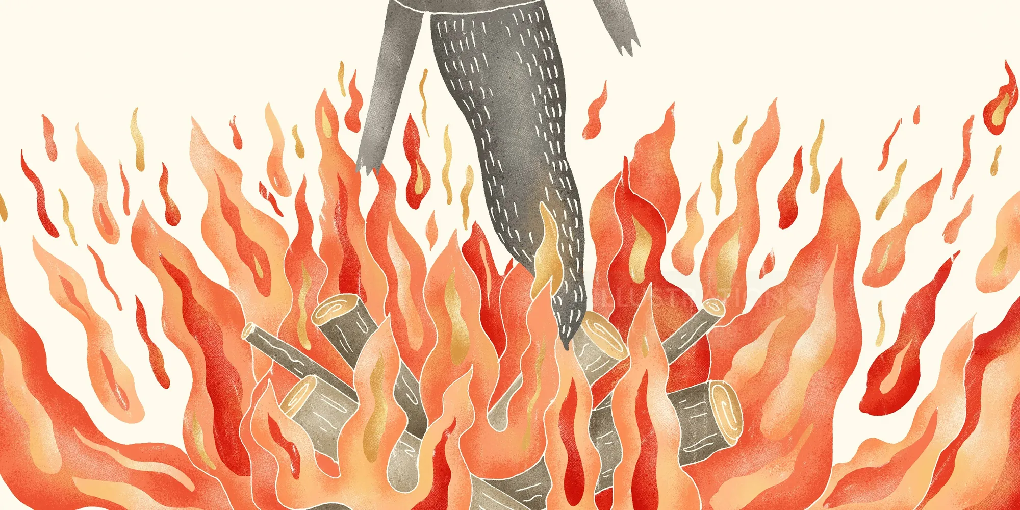 Angela Salerno illustration of flames surrounding a figure from The Three Little Pigs