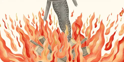 Illustration d'Angela Salerno représentant des flammes entourant un personnage des Trois Petits Cochons.