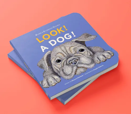 Illustration d'un carlin par Angela Salerno sur la couverture de Look! A Dog!