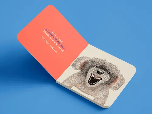 Illustration de chien par Angela Salerno dans un livre pour enfants ouvert