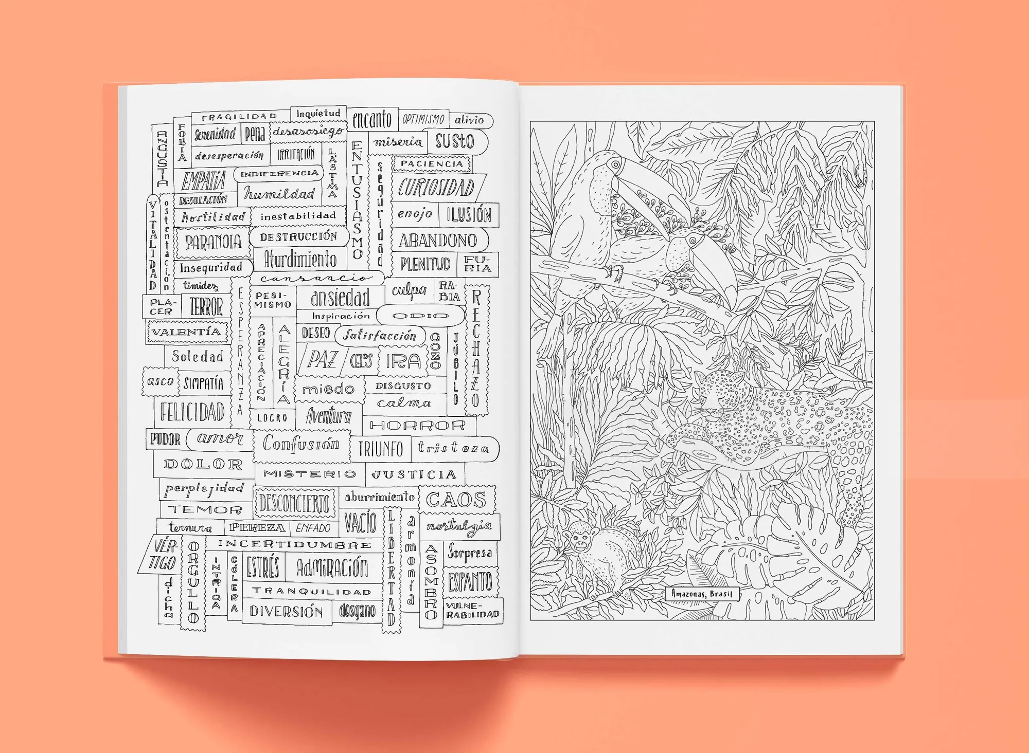 Angela Salerno's open coloring book with emotional words and nature illustrations
