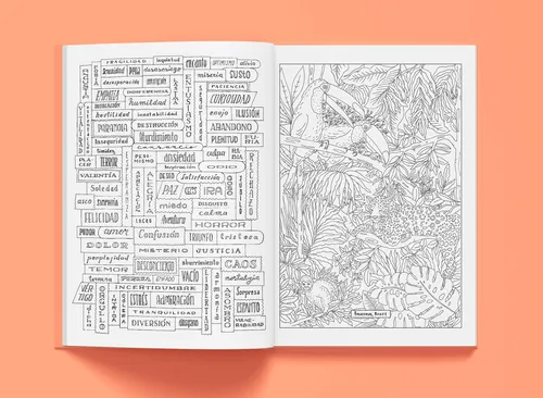 Le livre de coloriage ouvert d'Angela Salerno, avec des mots chargés d'émotion et des illustrations de la nature