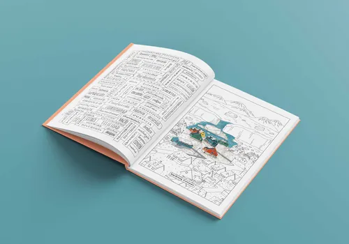 Livre de coloriage sur le thème du voyage d'Angela Salerno, ouvert sur un fond turquoise