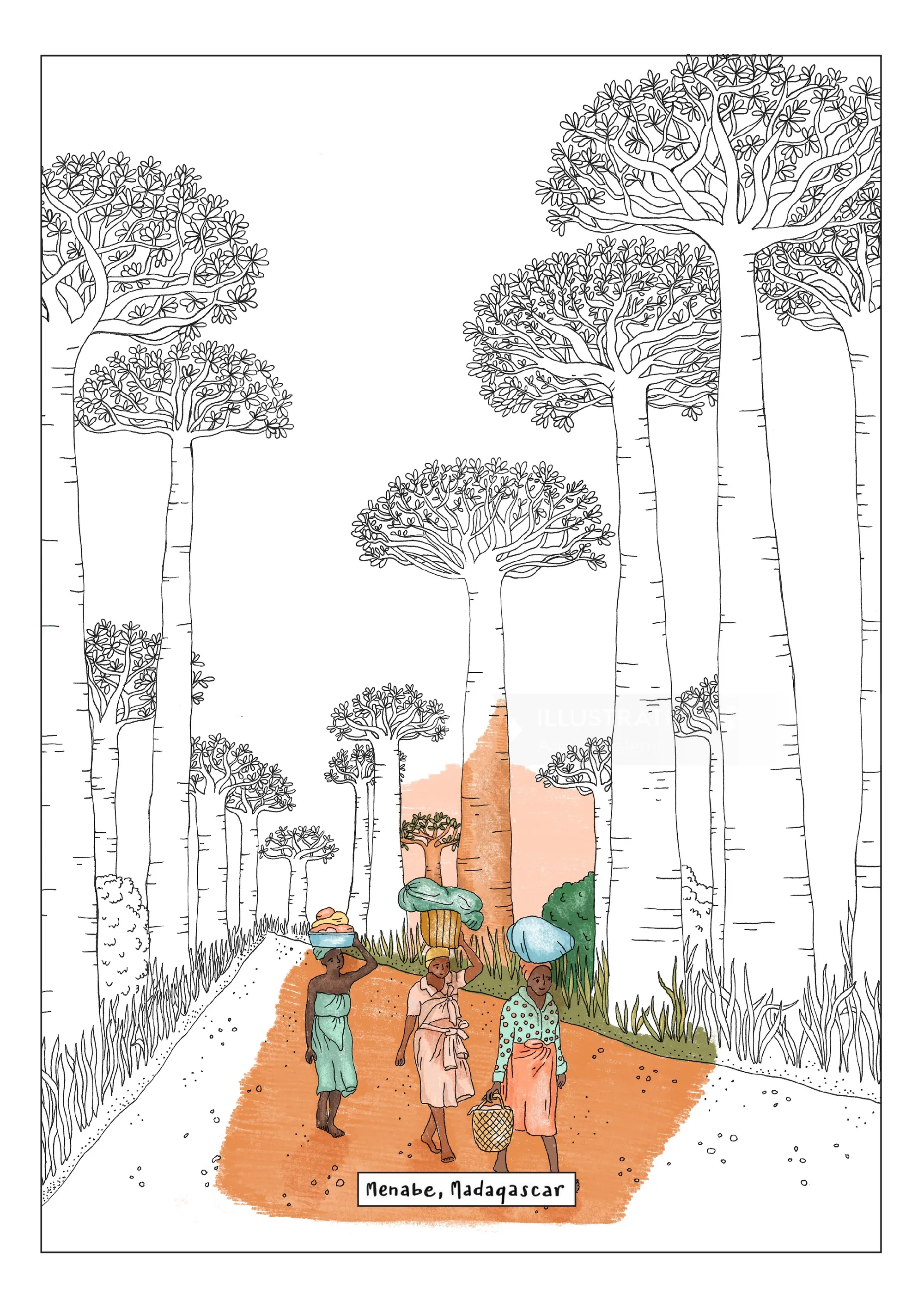 Illustration by Angela Salerno of travelers beneath Madagascar's baobab trees