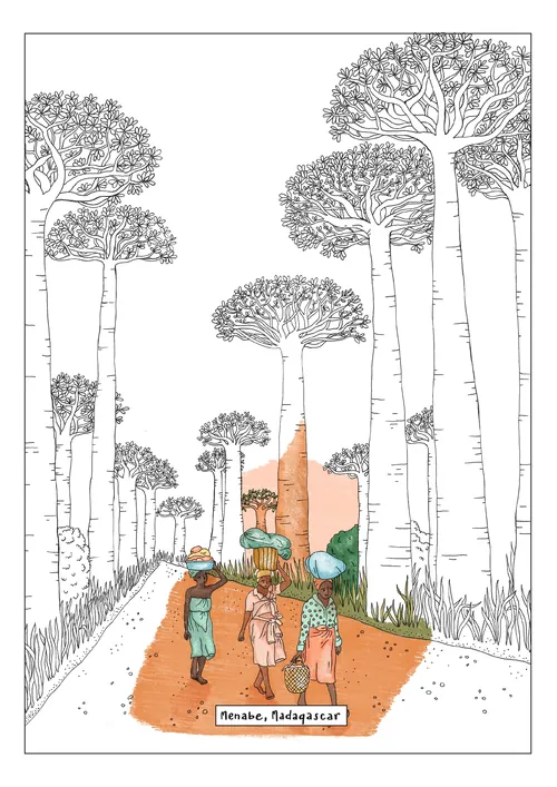 Illustration d'Angela Salerno représentant des voyageurs sous les baobabs de Madagascar