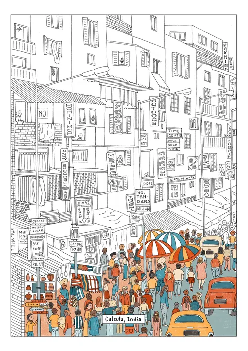 Illustration à colorier d'Angela Salerno représentant un marché de rue animé