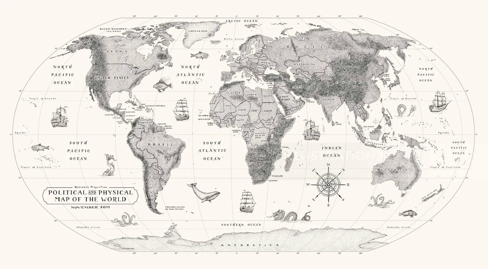 Vintage world map illustration by Angela Salerno