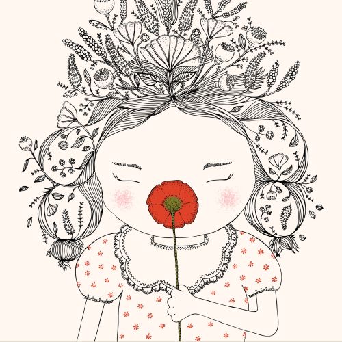 Angela Salerno illustration of a girl with floral hair holding a red flower