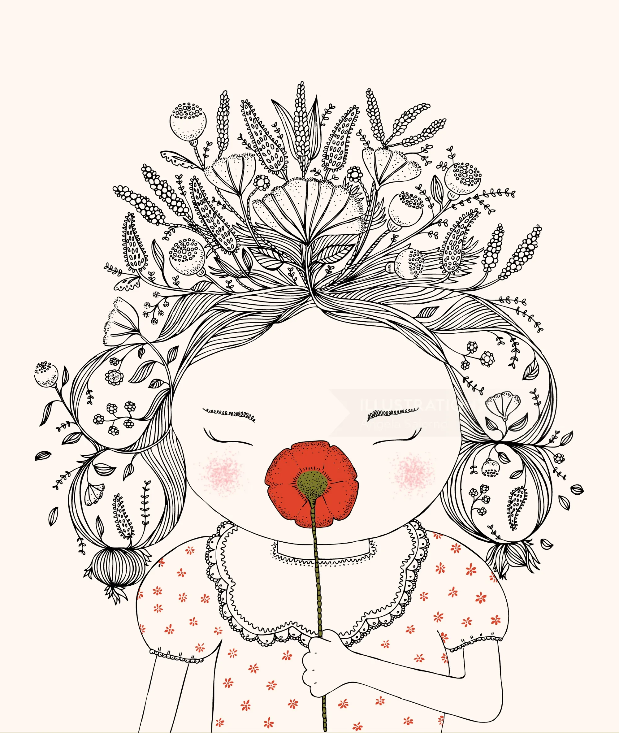 Illustration d'Angela Salerno représentant une jeune fille aux cheveux fleuris tenant une fleur rouge.