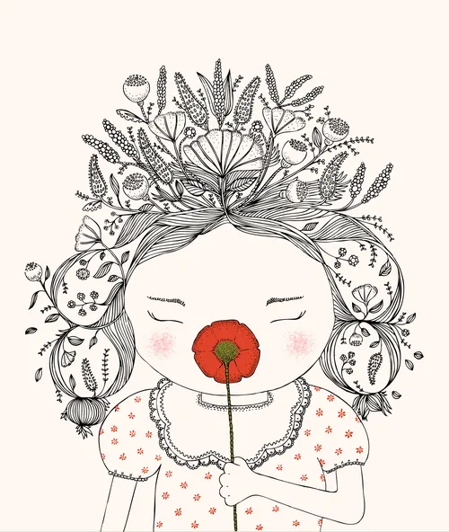 Angela Salerno illustration of a girl with floral hair holding a red flower