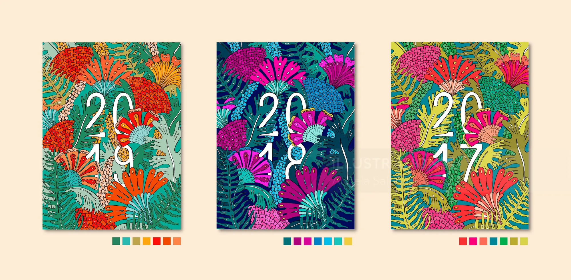 Les trois couvertures d'agenda colorées à motifs floraux tropicaux d'Angela Salerno