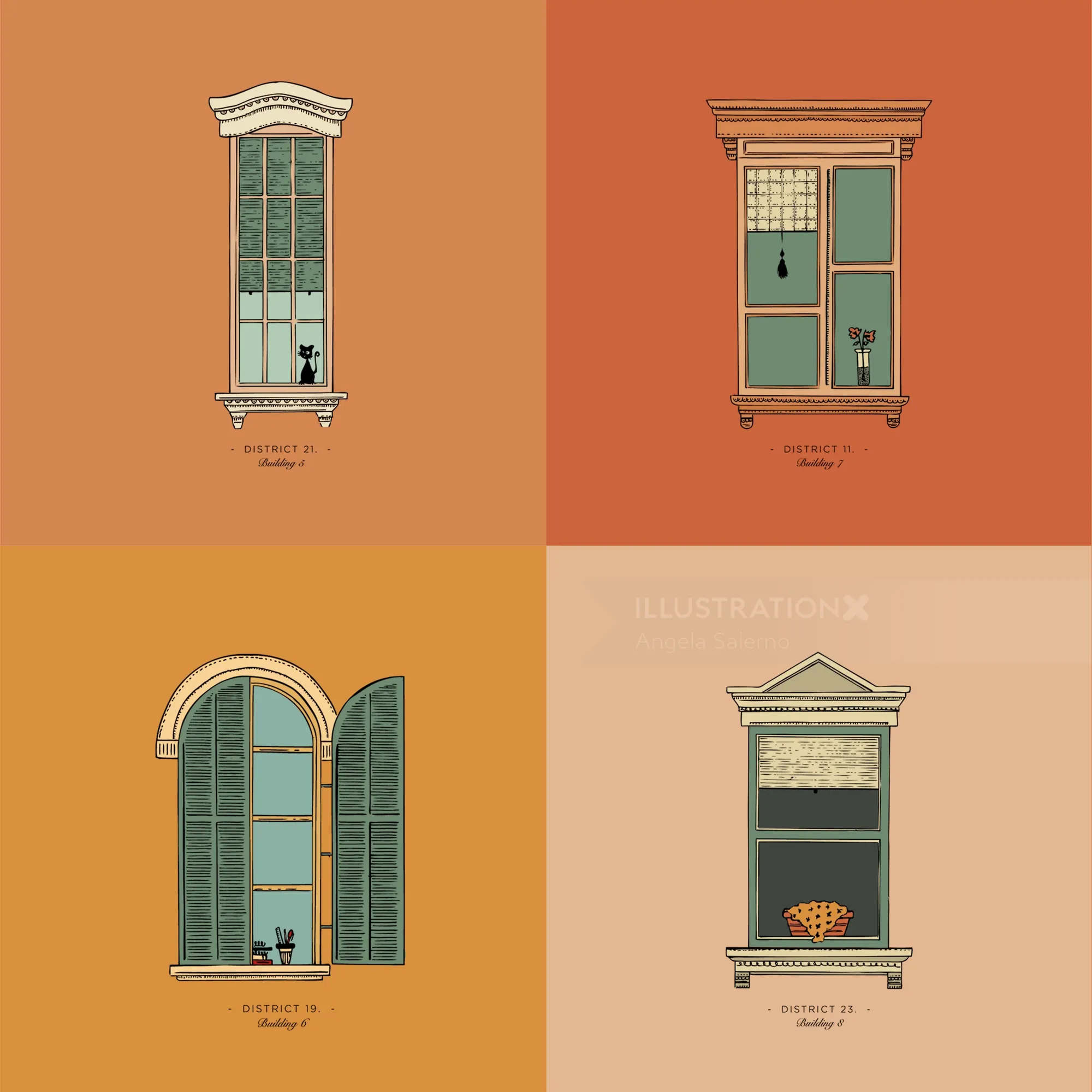 Four illustrated windows by Angela Salerno in muted terracotta tones