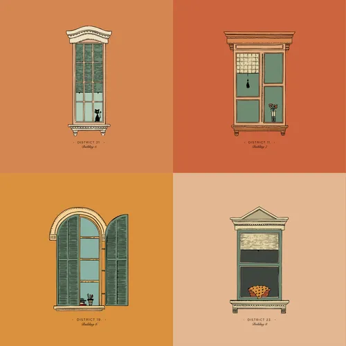 Four illustrated windows by Angela Salerno in muted terracotta tones