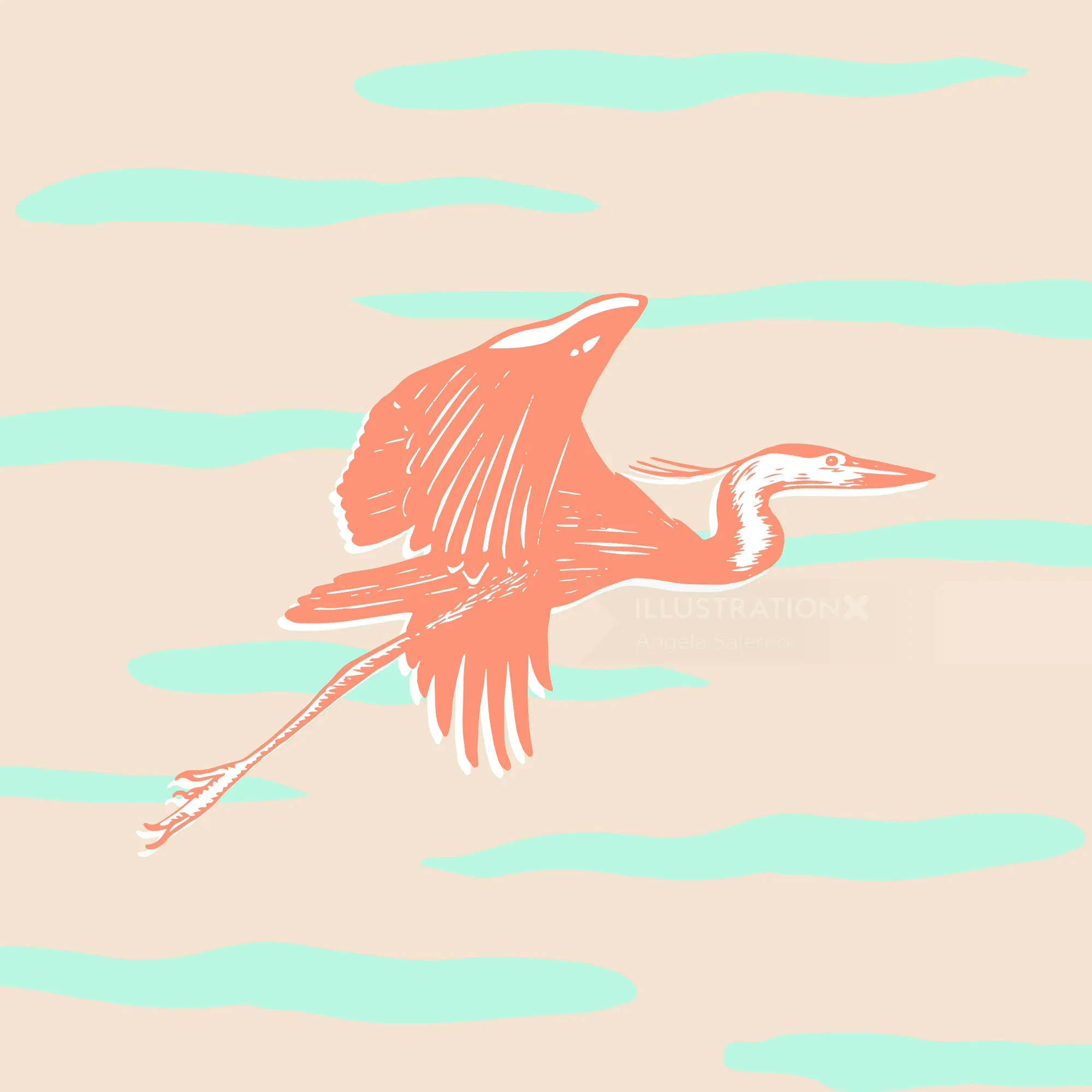 Ilustração de Angela Salerno de um flamingo rosa voando sobre ondas em tons pastel.