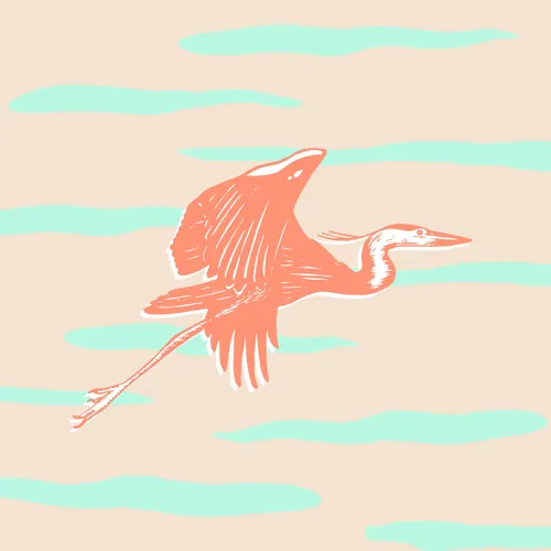 Angela Salerno illustration of a pink flamingo flying over pastel waves