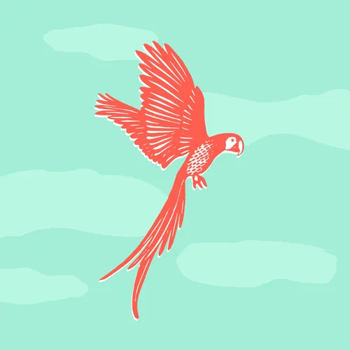 Angela Salerno illustration of a red bird flying over a turquoise landscape