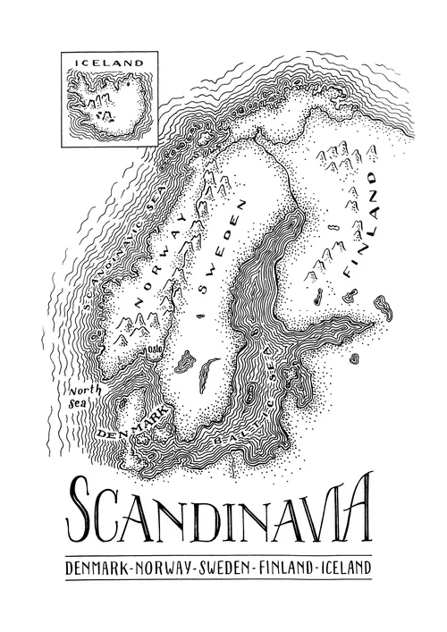 Vintage Scandinavia map illustration by Angela Salerno