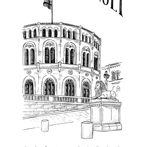 Angela Salerno illustration of the 1814 Stortinget building in Oslo, Norway