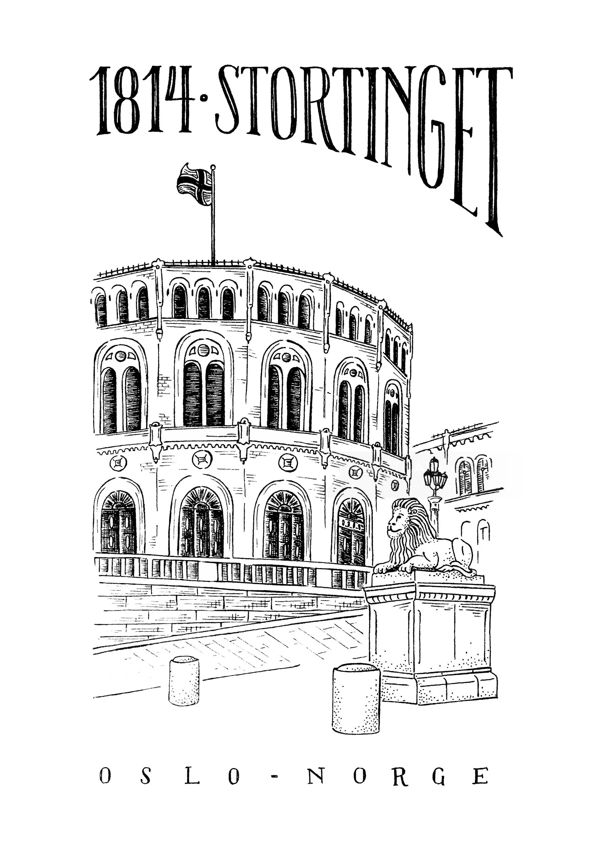 Angela Salerno illustration of the 1814 Stortinget building in Oslo, Norway