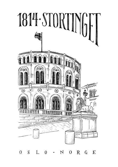 Angela Salerno illustration of the 1814 Stortinget building in Oslo, Norway