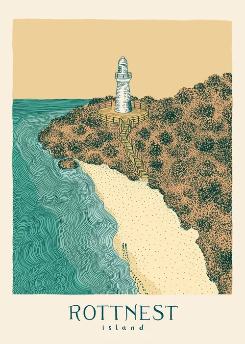 Angela Salerno illustration of Rottnest Island coastline and lighthouse