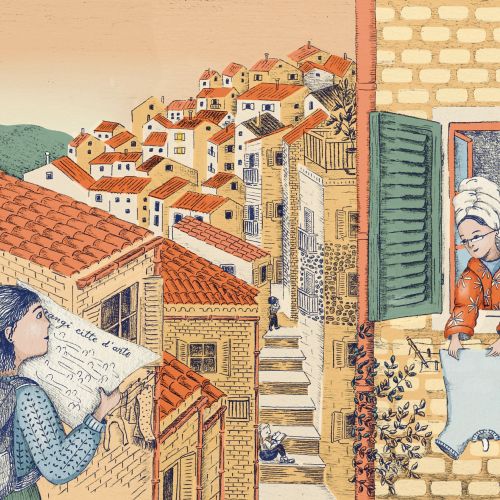 Angela Salerno illustration of a woman reading among sunlit Mediterranean rooftops