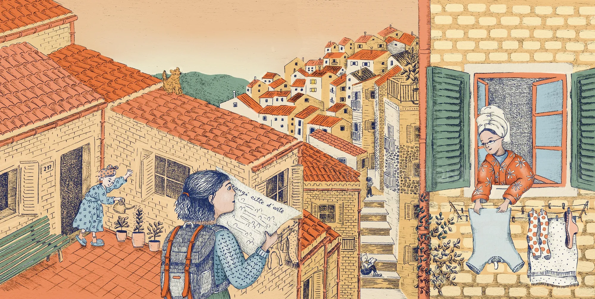 Angela Salerno illustration of a woman reading among sunlit Mediterranean rooftops