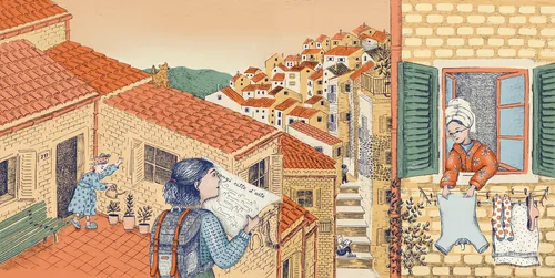 Illustration d'Angela Salerno représentant une femme lisant parmi les toits méditerranéens baignés de soleil.
