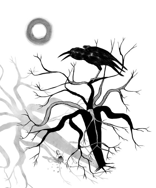 Black and white illustration of frozen crow