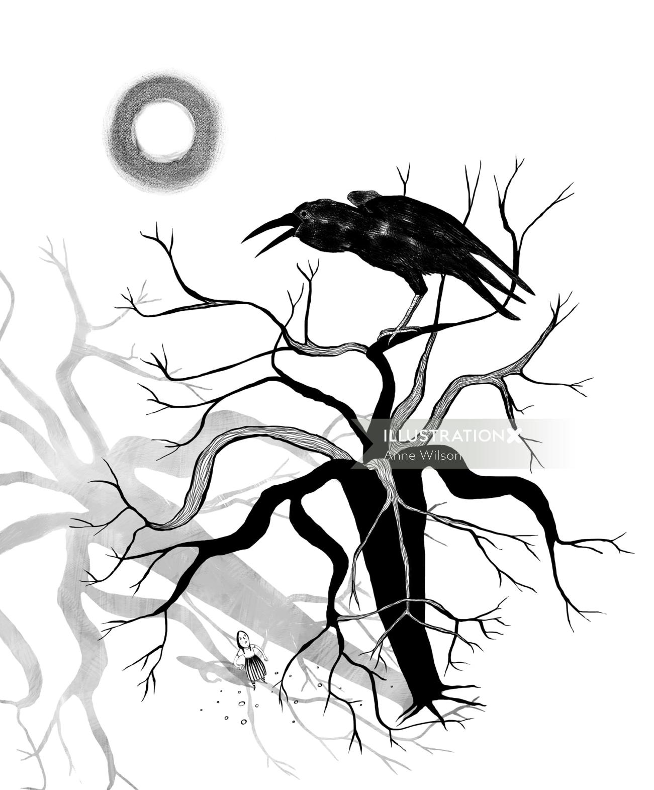 Illustration noir et blanc de corbeau congelé