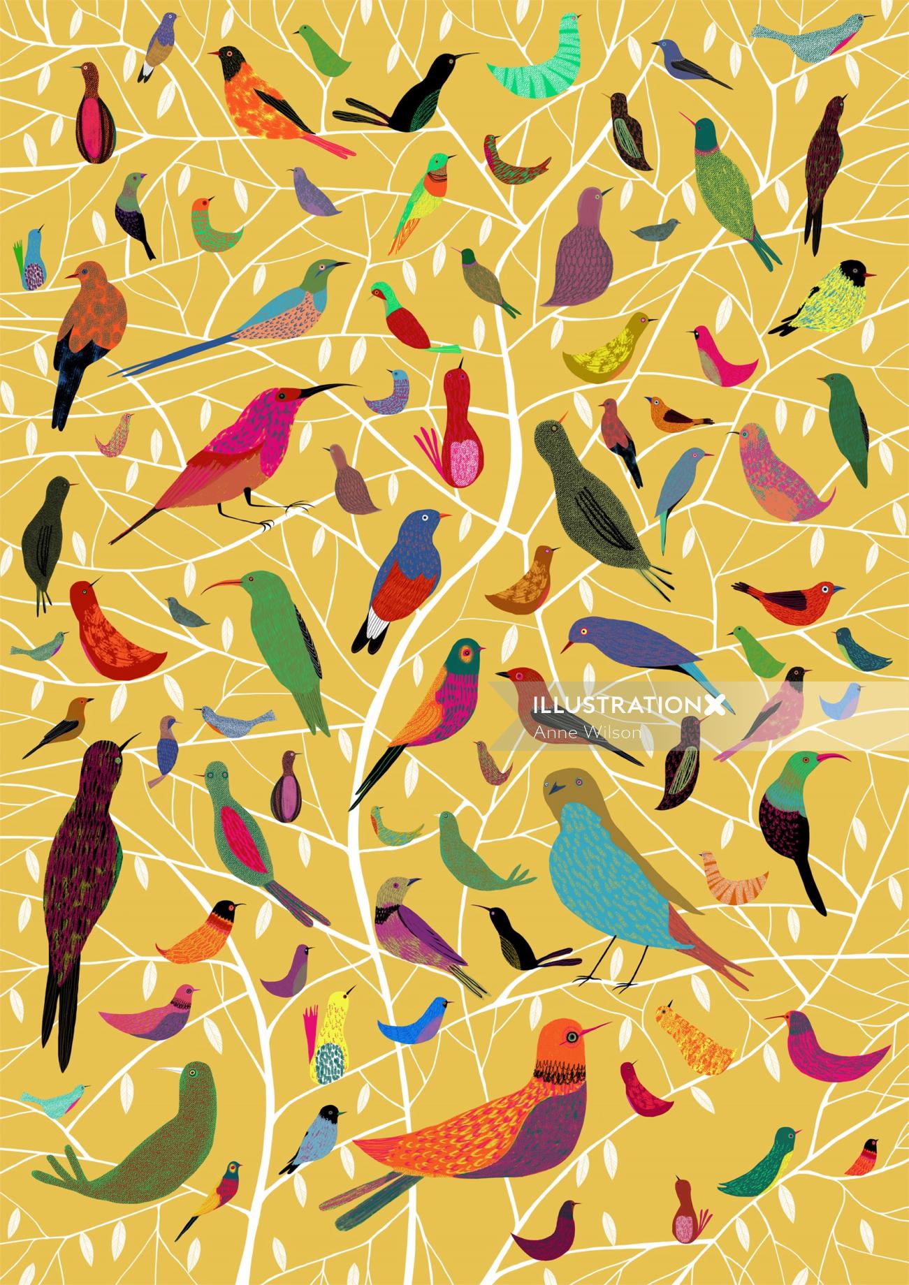 illustration of Bright coloured birds