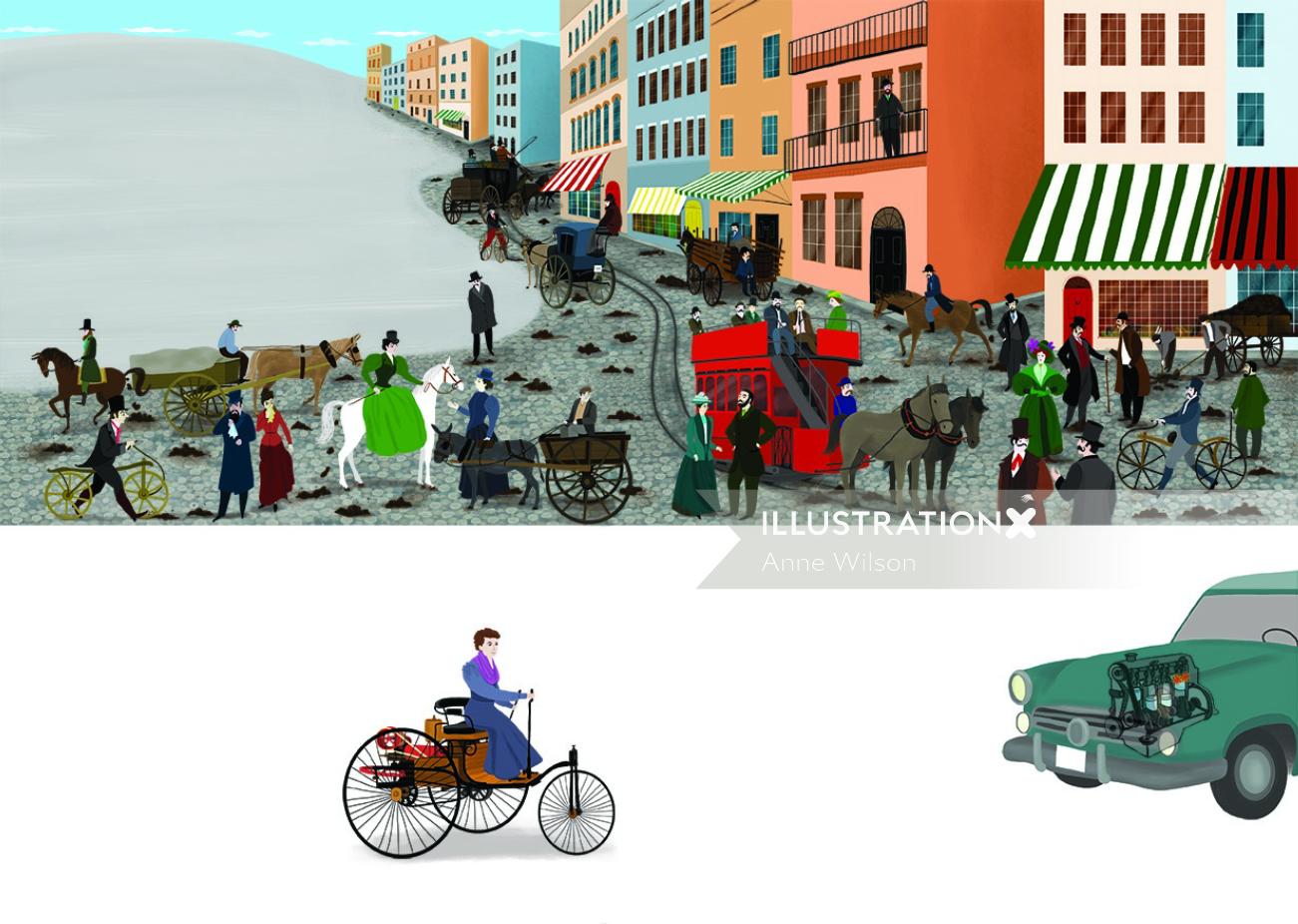 cars, horses, people, city, inventions