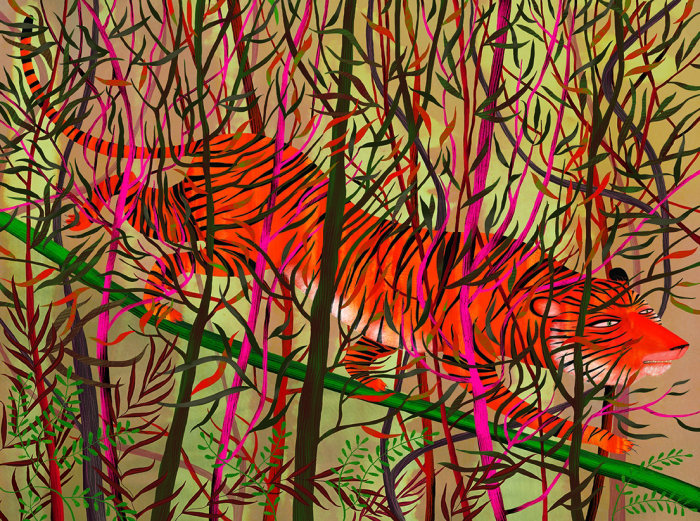 tiger, leaves, branches, trees, jungle, camouflage